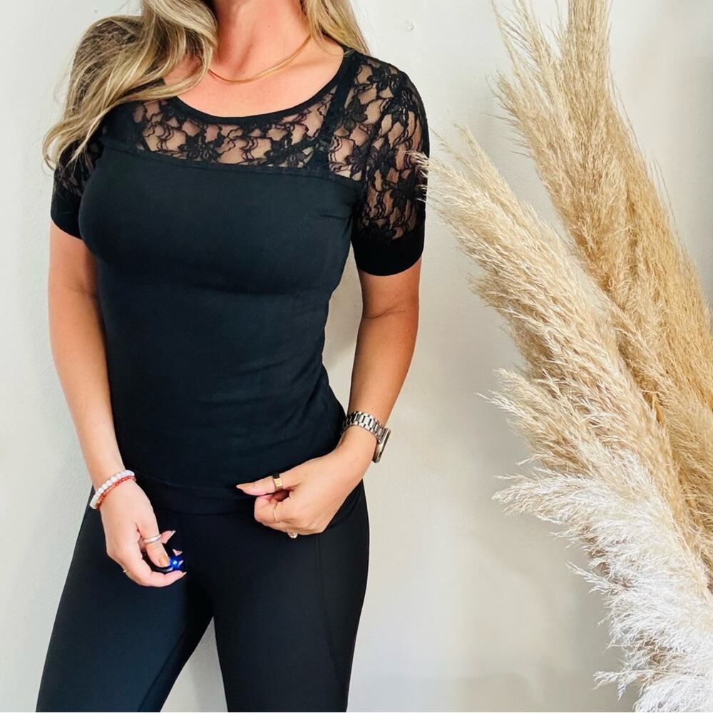 VINTAGE CACHE Sheer Black Lace Keyhole Sweater Knit Silk Blouse Shirt Top M
